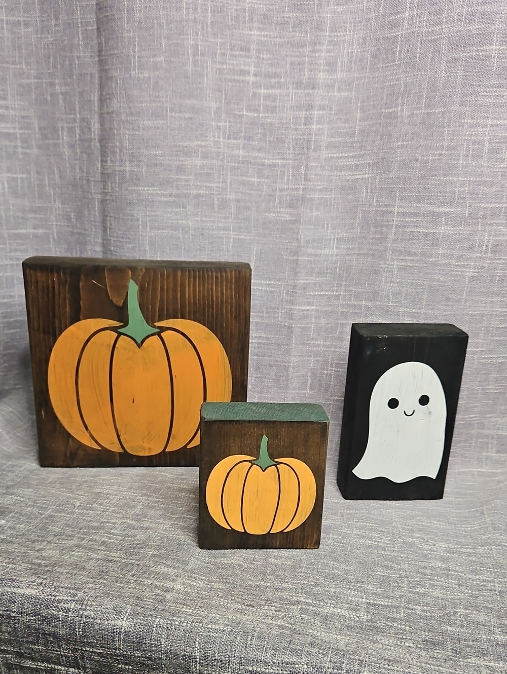 Hand-Painted Orange Pumpkin & Ghost Wooden Accent Set